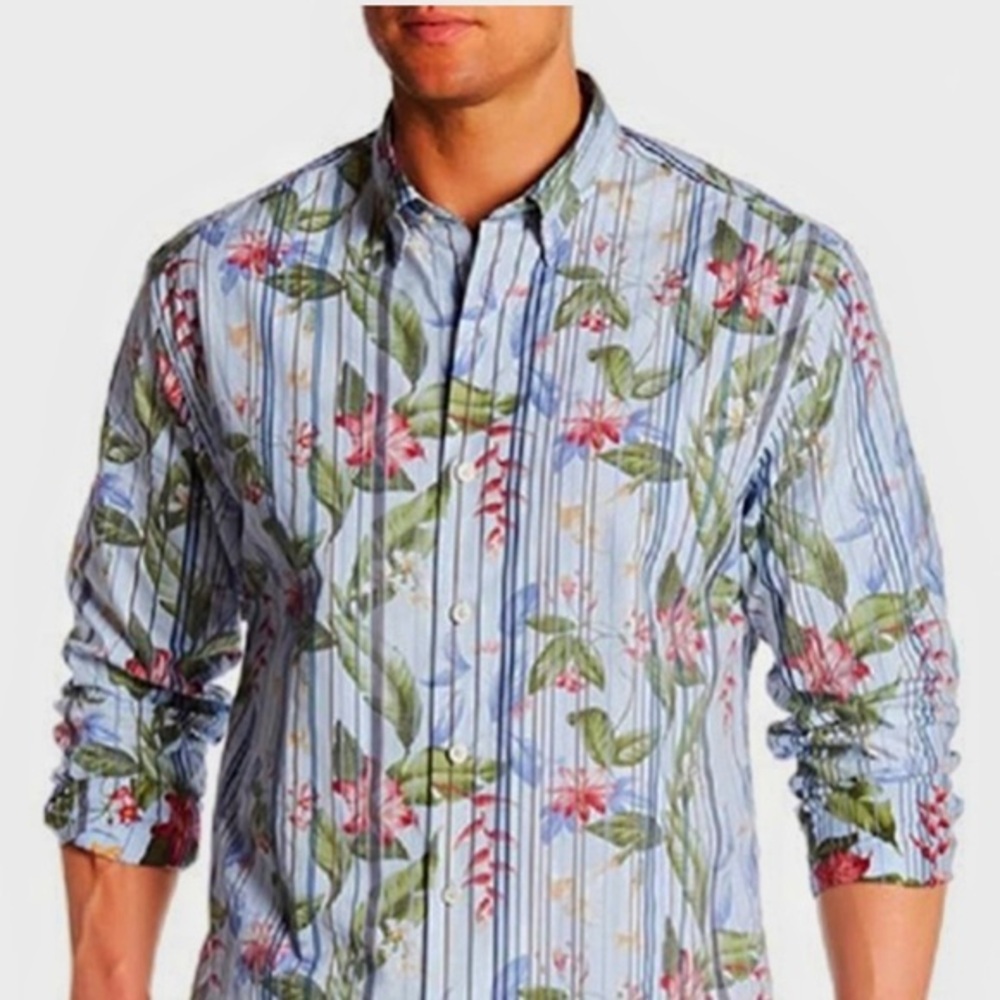 Tommy Bahama Jungle Mist Camp button down Long Sleeve blue floral Tropical XL